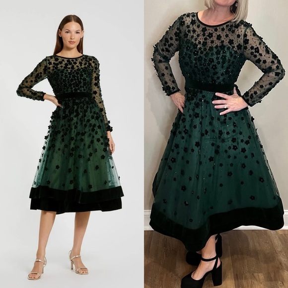MAC DUGGAL Green Velvet Embellished Illusion Long Sleeve A Line Midi Dress 12 - Picture 1 of 13